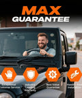 Man driving a black SUV with icons for customer service, warranty, guarantee, and installation benefits below.