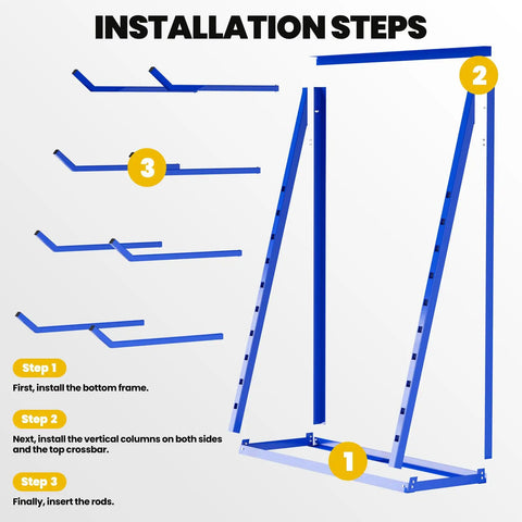 Installation steps for Four Tier Heavy Duty Lumber Storage Rack Made From Thick Alloy Steel for Sheds and Garages.