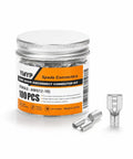 100 Piece Non Insulated Female Spade Connector Terminals For 10 To 12 Awg Wire with clear container and connectors visible.