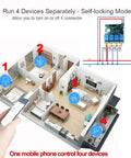 Illustration of home automation setup with 4 Channel Smart WiFi Relay Module for controlling devices using smartphone app.