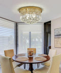 Modern K9 Crystal Raindrop Chandelier Ceiling Light With Brass Canopy, 9 Light Flush Mount for dining room ambiance