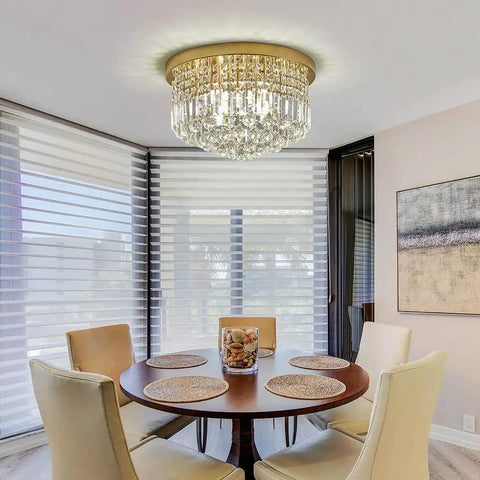 Modern K9 Crystal Raindrop Chandelier Ceiling Light With Brass Canopy, 9 Light Flush Mount for dining room ambiance