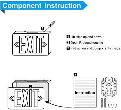 Diagram showing component instructions for Four Pack LED Exit Signs With Battery Backup Double Face Emergency Exit Lights 90 Minute Battery Backup UL 924 AC 120 277V Hardwired For Damp Indoor Locations Red Letter Exit Signs For Biz installation.