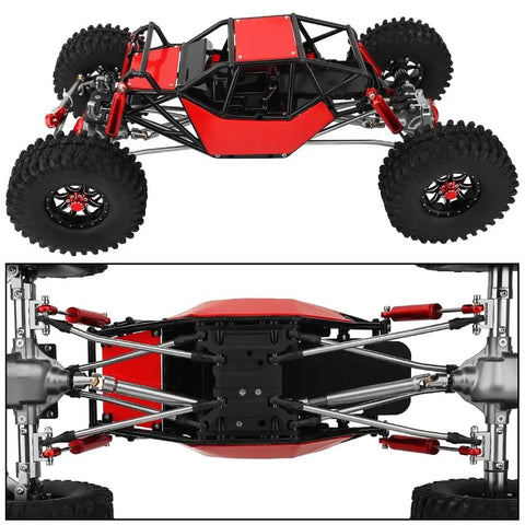 Beefy 330mm Wheelbase Rock Crawler Frame Chassis With SCX10 Axles Nylon Roll Cage Independent Shocks LCG Transmission Steel Gears One Tenth RC Crawler Upgrade For Axial SCX10 Red - top and bottom view