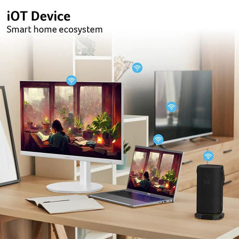 27 Inch Smart Monitor With WebOS For Streaming TV And Gaming Bluetooth Wireless Projection Screen Mirroring IoT Hub displayed on desk.