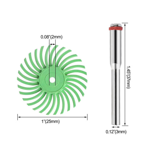 Green disc and shank from 88pcs 1 Inch Radial Bristle Disc Kit With 3mm Shank For Rotary Tools Pro Grade Detail Abrasive Wheel