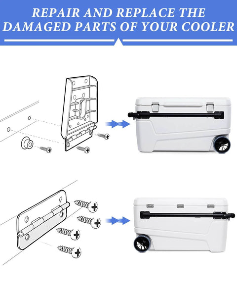 Diagram showing installation of Cooler Hinges And Latch Replacement Kit For Igloo Coolers with stainless steel parts and screws