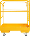 Yellow forklift safety cage with four casters and diamond-plate deck.