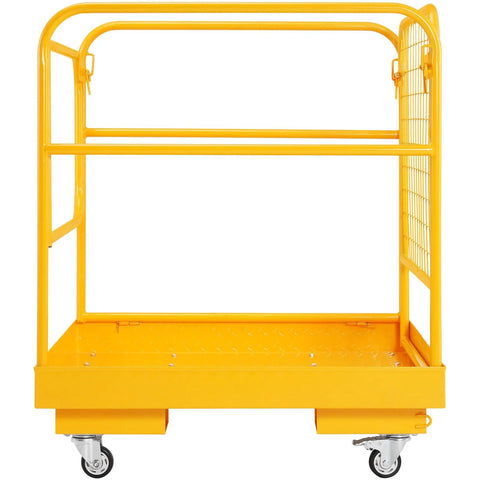 Yellow forklift safety cage with four casters and diamond-plate deck.