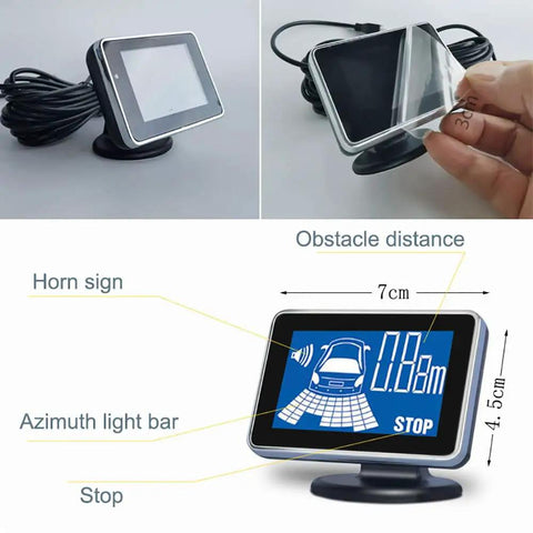 Reverse Parking Radar System With Four Rear Sensors, LCD Display dimensions and display features overview
