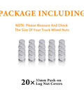 Package of 20 chrome 33mm ABS lug nut covers for semi trucks with note to check size, showing push-on design.