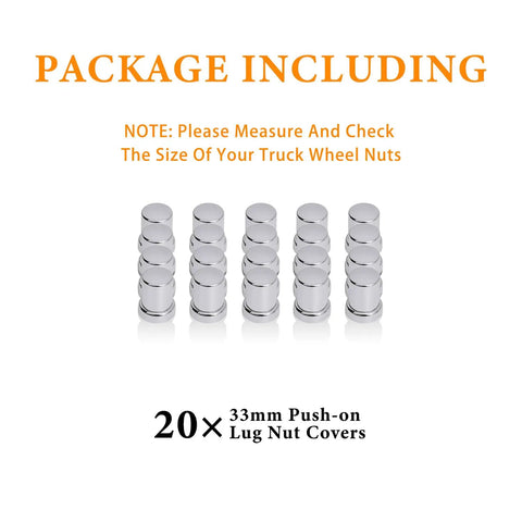 Package of 20 chrome 33mm ABS lug nut covers for semi trucks with note to check size, showing push-on design.