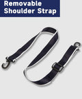 Detachable luggage shoulder strap in navy with white trim, adjustable buckle and metal clips