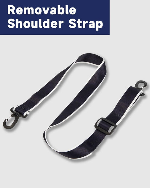 Detachable luggage shoulder strap in navy with white trim, adjustable buckle and metal clips