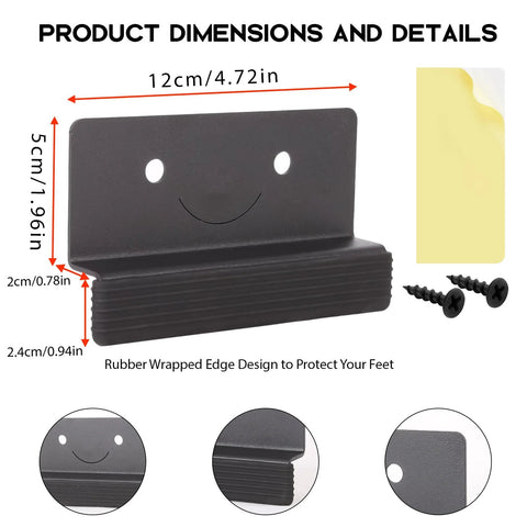 Under Cabinet Foot Pull Opener 4.5 Inch Matte Black with adhesive and screws, dimensions and details, hands free toe kick for cabinets.