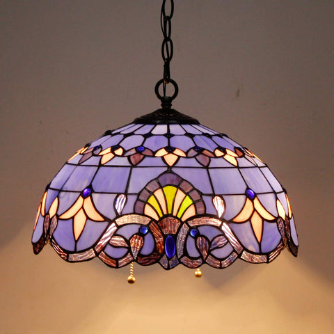 Tiffany Style Pendant Light Fixture With Blue Purple Baroque Stained Glass Wide 16 Inch Shade 40 Inch Hanging Height Antique Bronze Finish