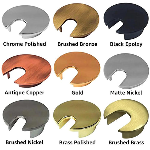 Variety of desk grommets including Brass Polished Desk Grommet 2.5 Inch Hole Cover and Cable Organizer for 62.5mm Openings