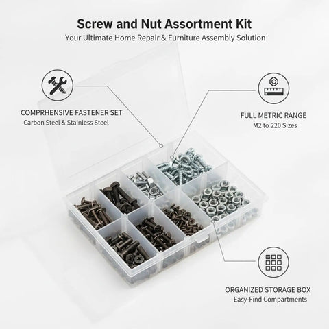 M2 To M20 Metric Fastener Set With Carbon Steel And Stainless Steel Screws Nuts In Storage Box For Furniture Assembly Cabinet Tightening Hinge Fixes And Everyday Home Fixups, assorted screws and nuts in compartments