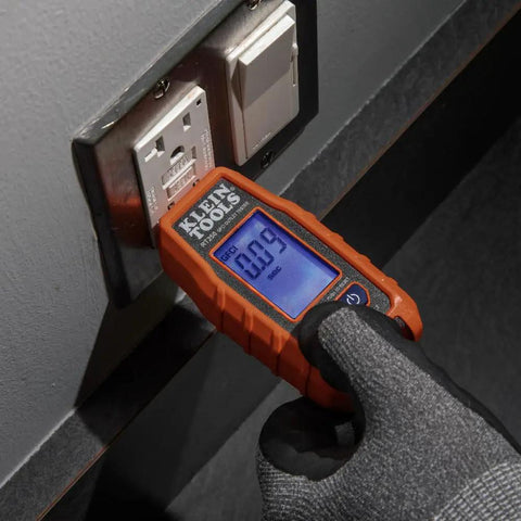 RT250 GFCI Outlet Tester With LCD Display For 120V Receptacles Voltage Tester measuring outlet voltage, backlit LCD shown.