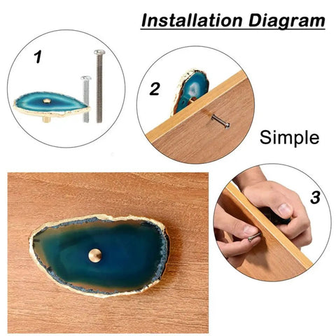 Installation diagram of Real Deal Agate Stone Drawer Pulls With Sparkling Gold Plated Borders showing screws and installation steps.