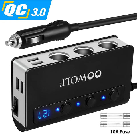 Heavy Duty 7 In 1 Cigarette Lighter Splitter Car Charger Adapter With Quick Charge 3.0 featuring multiple USB outlets and fuse.