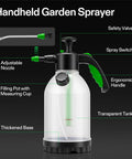 Handheld garden sprayer with transparent tank, adjustable nozzle, ergonomic handle, safety valve, and measuring cup port.