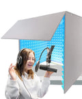 Desktop Soundproof Cover For Vocals Heavy Duty Acoustic Foam Panel Built To Silence Echoes And Kill Room Reverb Game Changer Podcast Mic Shield Sweet Studio Rig with woman singing and microphone setup.