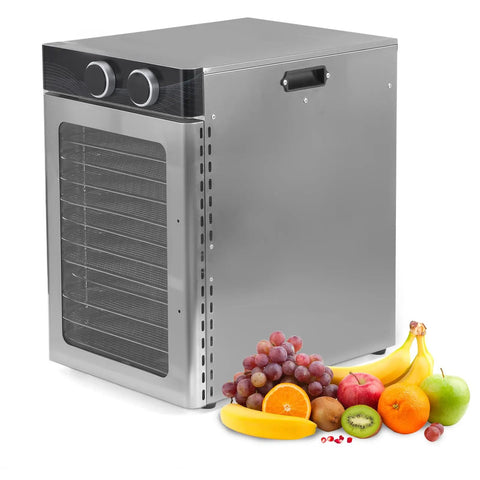 Badass Electric Food Dehydrator With 12 Stackable Trays And A Slam Dunk 1200W Motor showcasing fruits beside a stainless steel unit.