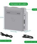 Two Way Charging Hub For Neo Battery System Dope Fast PD45W Charger Case with USB cables, dimensions labeled.