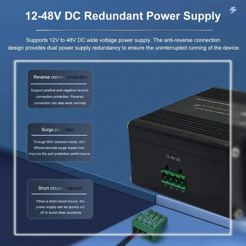 12-48V DC power supply for Unmanaged 10 Port Gigabit Ethernet Switch Built Tough For Outdoor DIN Rail Mount 12 48V DC Input Plug.