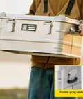 Rugged Folding Storage Box With Lid Heavy Duty Aluminum Frame Stackable Gear Crate Built Tough For Camping And Picnics, held by a person.