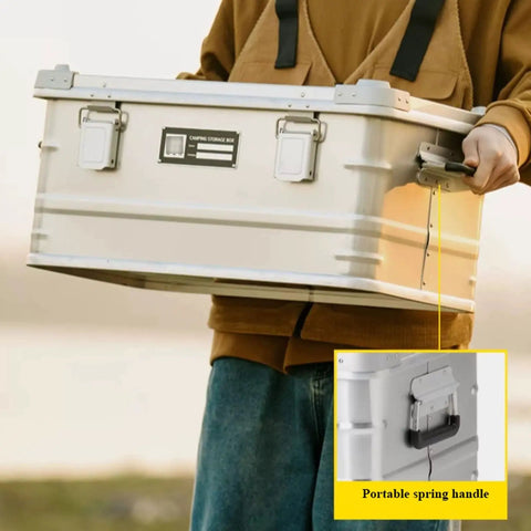 Rugged Folding Storage Box With Lid Heavy Duty Aluminum Frame Stackable Gear Crate Built Tough For Camping And Picnics, held by a person.