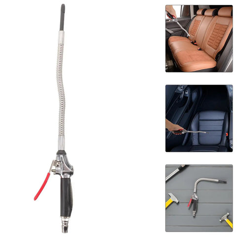 Heavy Duty Aluminum Air Blow Gun With 30cm Extension Nozzle Adjustable Flow Control For Delicate Tool Cleaning And Tough Debris Removal Extended Reach For Hard To Access Areas Versatile Pro Pneumatic Dust Blaster, shown cleaning car seats