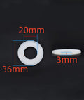 Top Shelf M20 Nylon Flat Washers, White Plastic Insulating Spacers For Bolts And Screws, showing dimensions 36mm OD, 20mm ID, 3mm thick.