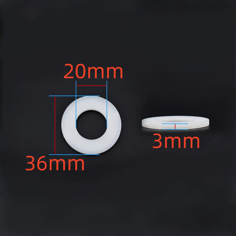 Top Shelf M20 Nylon Flat Washers, White Plastic Insulating Spacers For Bolts And Screws, showing dimensions 36mm OD, 20mm ID, 3mm thick.