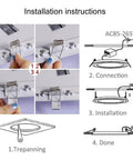 Installation instructions for downlight with connection and installation steps shown in diagrams and photos of hands adjusting clips.