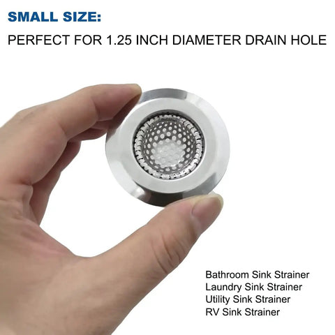 Hand holding a 1.25 Inch Drain Strainer Stainless Steel Mesh Basket, suitable for various sinks and drain holes.
