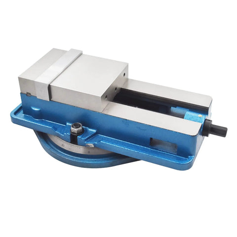 Badass 6 Inch Milling Machine Vise Heavy Duty Precision Work Holder With 360 Swivel Base and long cast iron jaw in blue.
