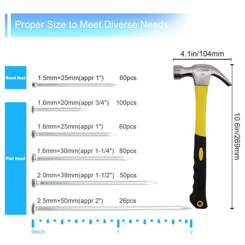 Tough As Nails 8 Oz Claw Hammer Kit Including 376 Precision Cut Steel Nails with various nail sizes for easy DIY projects.
