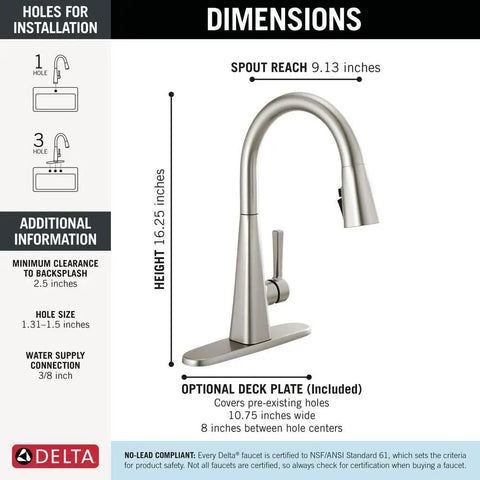 Dimensions of Crisp Brushed Nickel Kitchen Faucet Featuring Heavy Duty Pull Down Sprayer and single handle control.