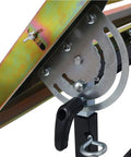 Close-up of height adjustment mechanism on Tough As Nails Welding Table 30 By 20 Inches Industrial Steel Workbench.