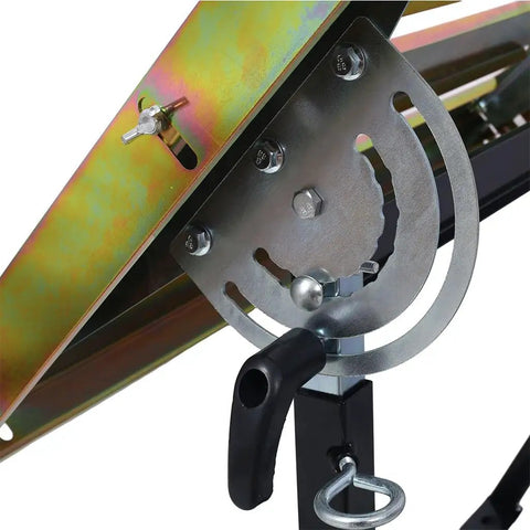 Close-up of height adjustment mechanism on Tough As Nails Welding Table 30 By 20 Inches Industrial Steel Workbench.