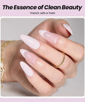 French Tip Gel Polish Peach Mousse 15ml Kit With French Tip Stamp, close-up of manicured nails with white and pink tips.