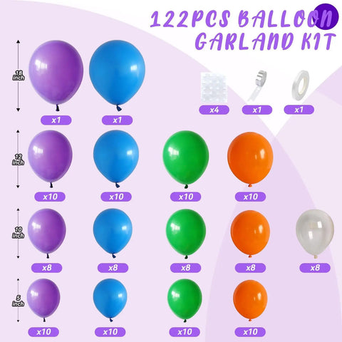Epic Balloon Arch Kit 122 Pcs Colorful Balloon Garland Set In Purple Dark Blue Green Orange Transparent For Boys Science Birthday Party Lab Scientist Classroom Decorations showing balloon sizes and colors.
