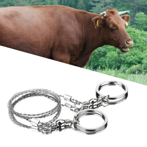 Beefy Stainless Steel Portable Wire Saw For Outdoor Wood Cutting, Survival And Camping Gear, shown with a cow in background