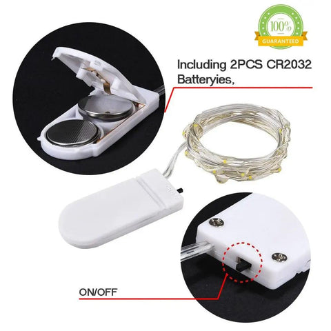 Battery Operated Fairy Lights Six Pack No Remote Waterproof Firefly String Lights showing battery compartment and switch.