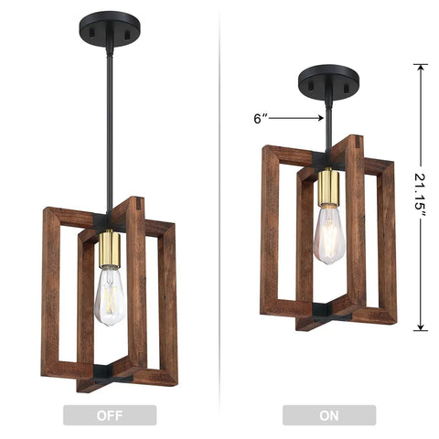 2-Pack 1-Light Farmhouse Adjustable Hand Painted Wood Gold Semi-Flush Mount Ceiling Light Fixtures Black Finish Rustic Hanging Pendant