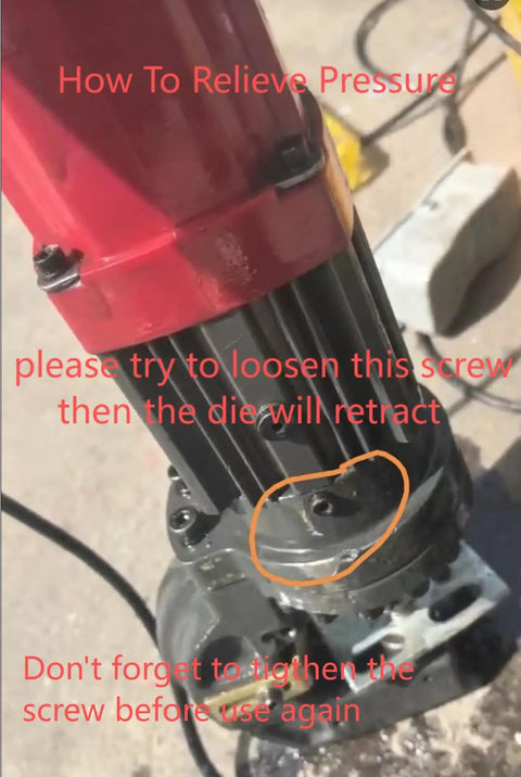 Close-up of Beast Mode 22 Ton Electric Hydraulic Hole Puncher showing pressure relief screw.
