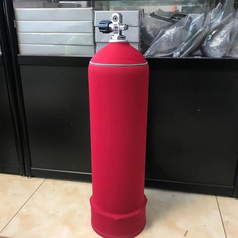 Red neoprene dive bottle sleeve on 12L scuba tank, protects from scrapes and dings, easy on-off, non-slip for underwater adventures