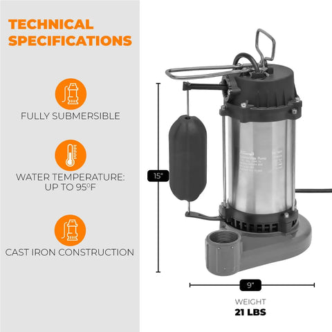 3/4 HP Submersible Sump Pump 5500 GPH With Vertical Float Switch Cast Iron And Stainless Steel Housing Copper Motor